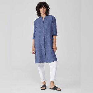 EILEEN FISHER Washed Organic Linen Delave Shirtdress in Blueberry Size PP 2P-4P
